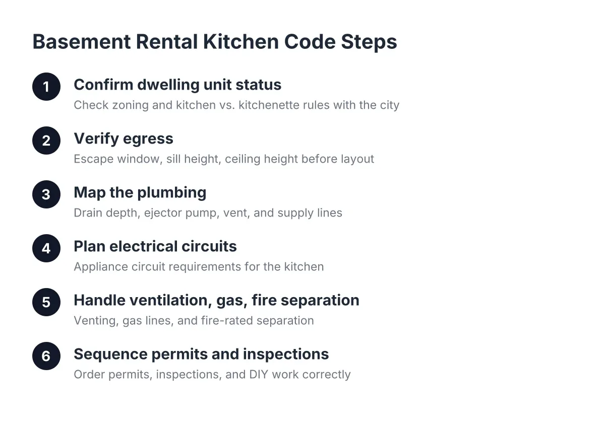 Numbered steps for basement rental kitchen code compliance in Aurora, Colorado