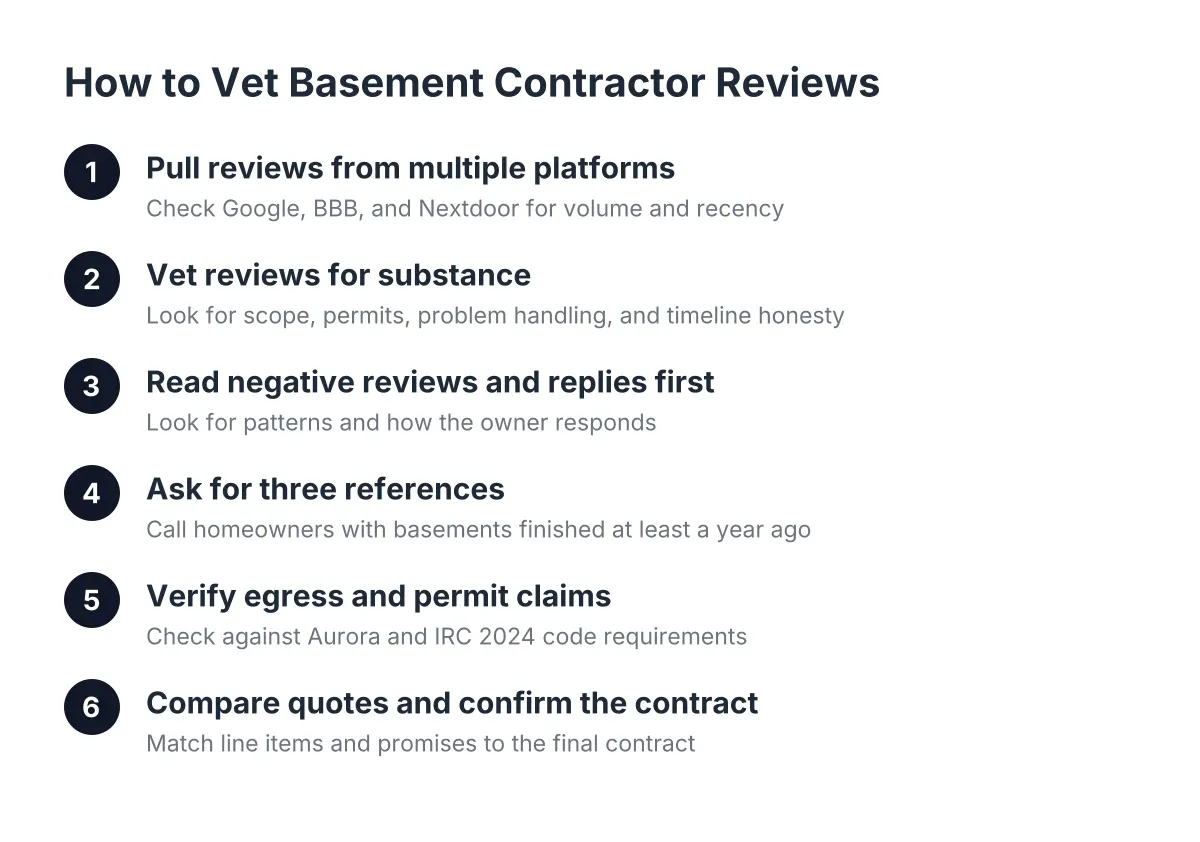 Steps to vet basement contractor reviews and references in Aurora, CO