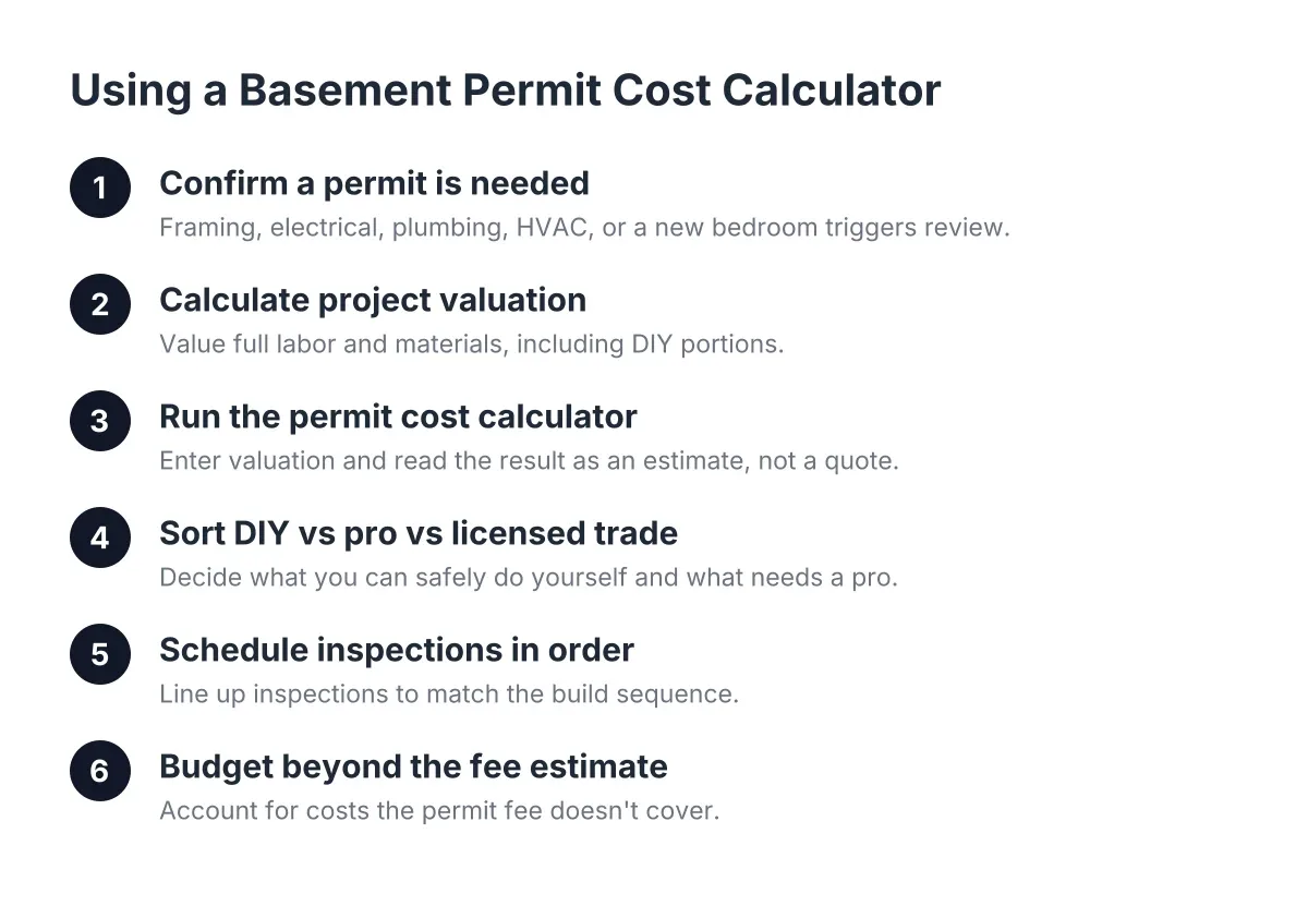 Steps for running a permit cost calculator for an Aurora basement remodel