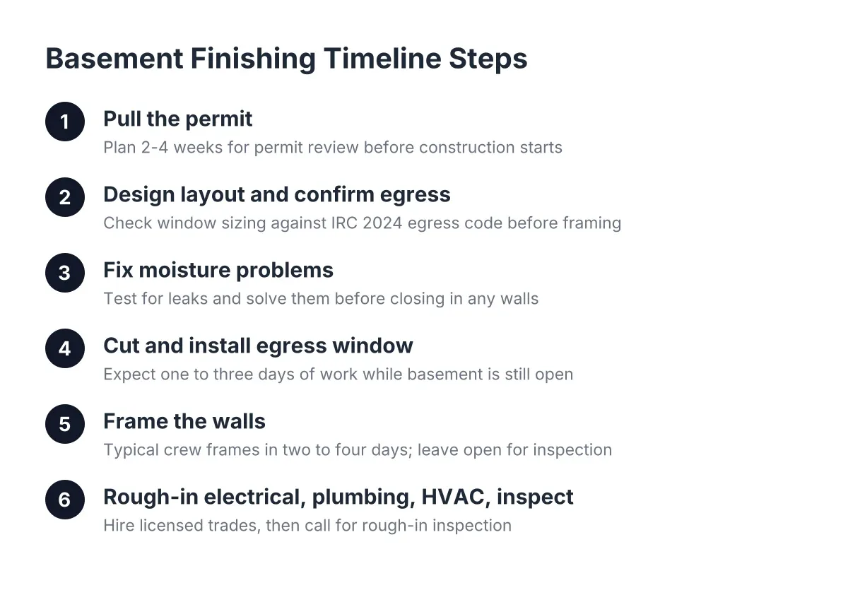 Numbered diagram of basement finishing timeline steps from permit to framing and inspection