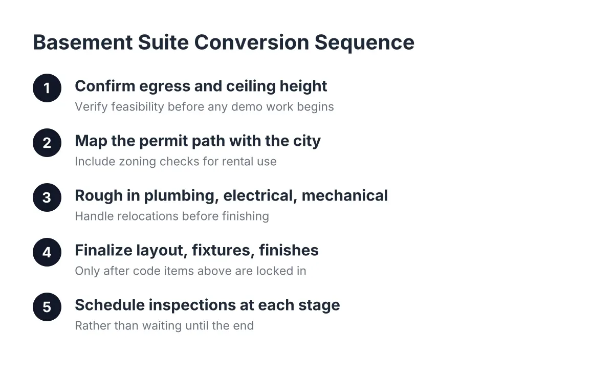 Process steps for basement apartment ideas: egress, permits, rough-in, finishes, inspections