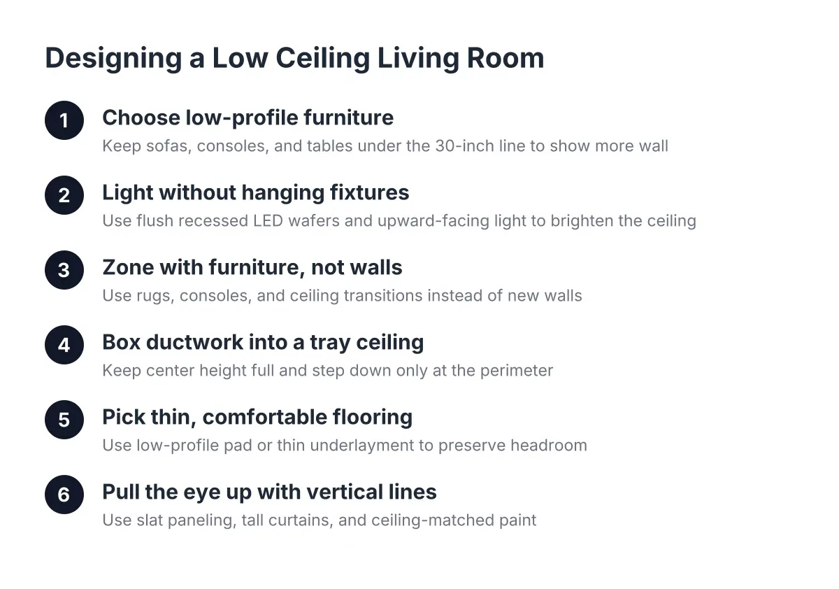 Steps for designing a low ceiling living room in a basement
