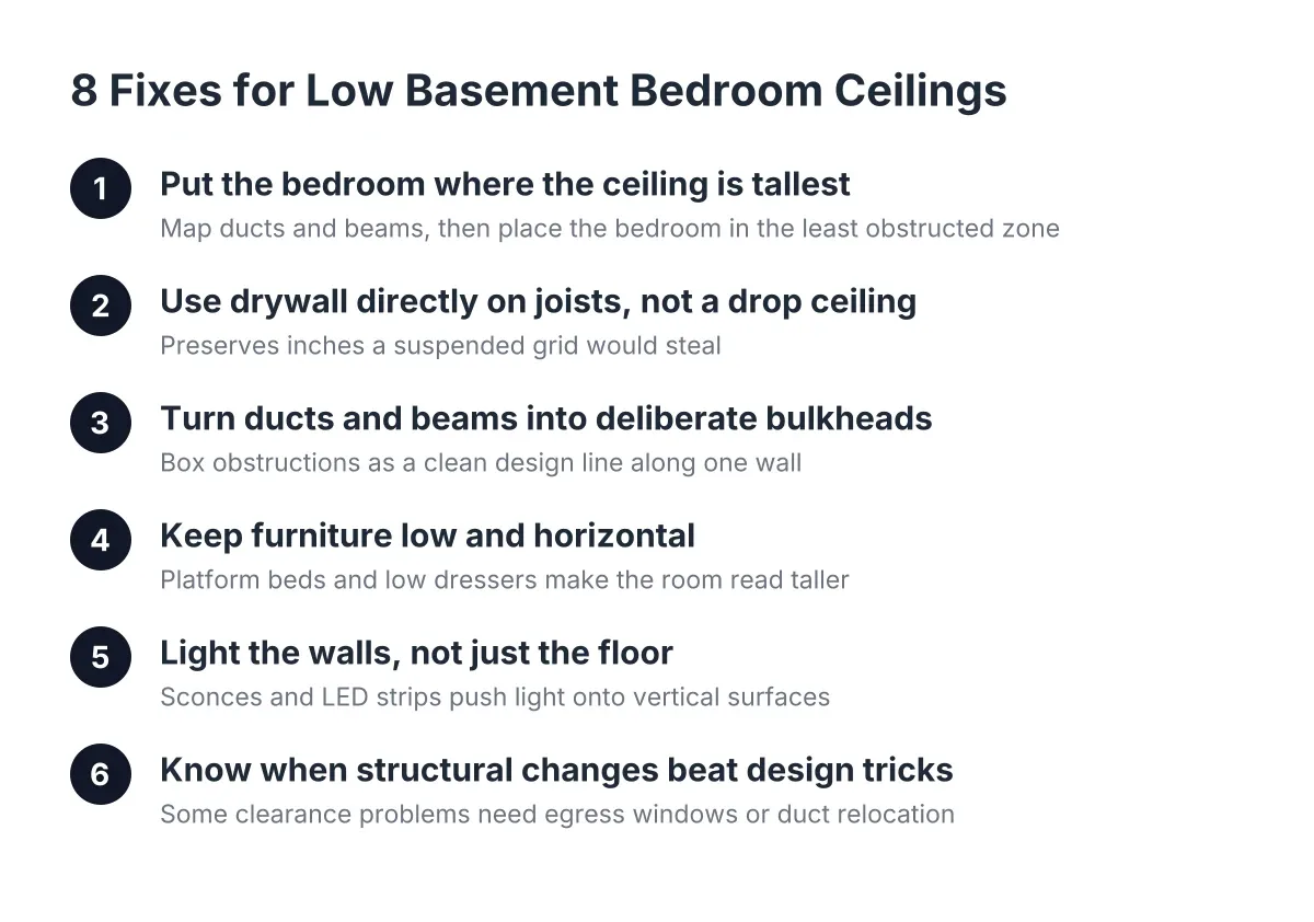 Numbered steps showing basement bedroom ceiling ideas for low-clearance spaces