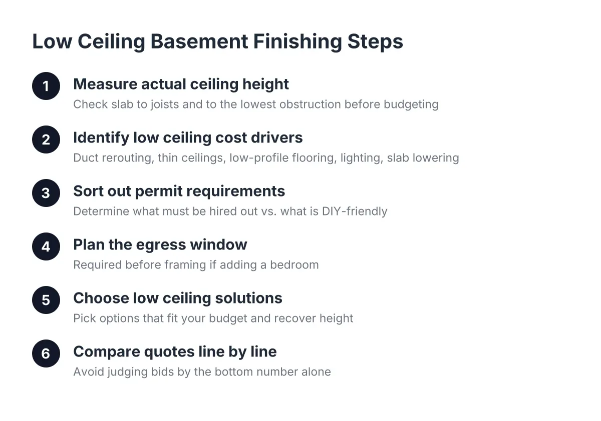 Process steps for low ceiling basement finishing from measuring to comparing quotes